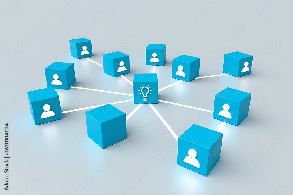 Poster connected digital network of people represented by blue cubes with user icons linked to a central hu