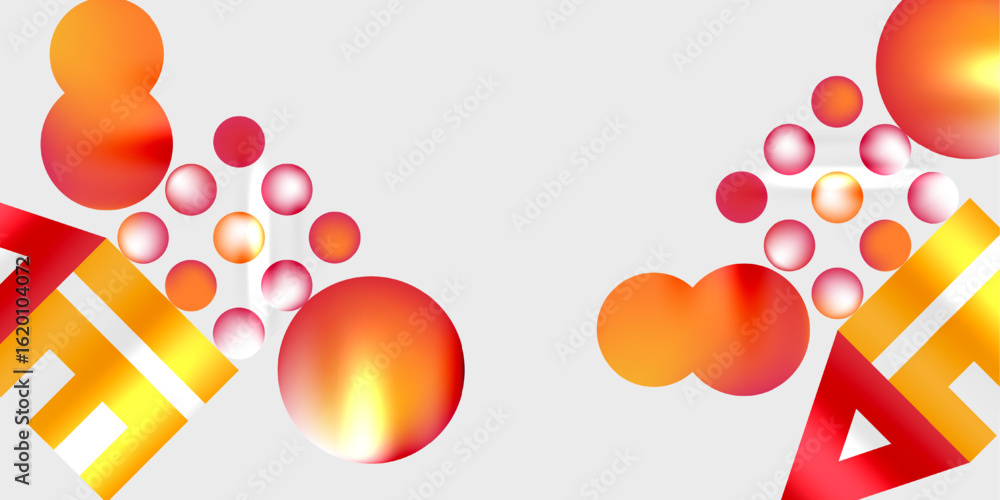 Poster abstract design features vibrant orange, red shapes. geometric forms combine with circular elements,