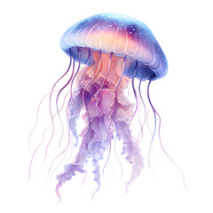 Vibrant bioluminescent jellyfish with long flowing tentacles glowing with ethereal purple and pink light isolated on transparent background