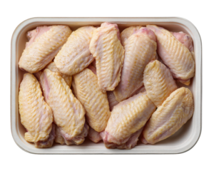 Fresh raw chicken wings arranged neatly in sealed plastic tray, ready for cooking, isolated on transparency background, perfect for meal preparation or grocery advertising