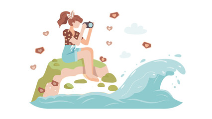 Girl with camera sitting on a rock near the ocean with hearts and clouds in the background scenery
