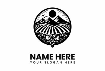 Black and white vineyard logo with mountains grapes and a rising sun.
