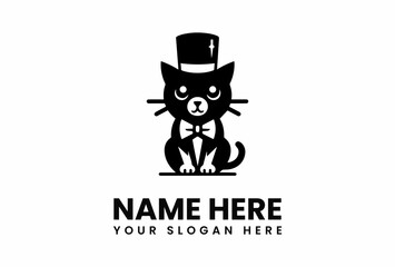 Cartoon black cat wearing a top hat and bow tie logo design.