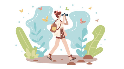 Illustration of a girl with binoculars and backpack surrounded by butterflies and plants in nature