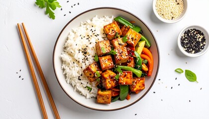 A delicious bowl of teriyaki tofu with white rice, roasted vegetables, and sesame seeds, presented in a clean, symmetrical composition.