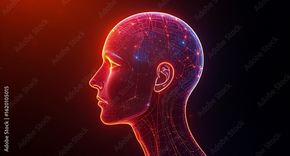 Poster glowing neural network abstract human head profile with red light.