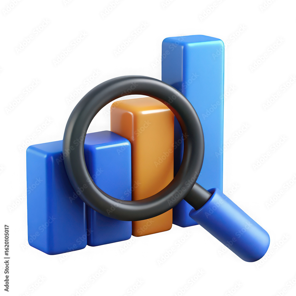 Poster 3d bar chart analysis with magnifying glass isolated on transparent background