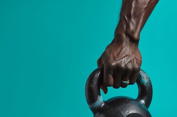 Close up of forearm of man lifting heavy black kettlebell, turquoise background, professional fitness and gym workouts editorial style, copy space