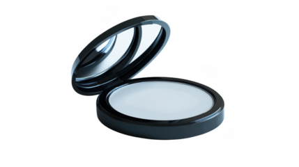 A compact makeup case lies open, revealing a blank surface, positioned on a bright and clean flat surface