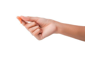 Close-up of a Hand with a small orange droplet on the fingertip, isolated on white background.
