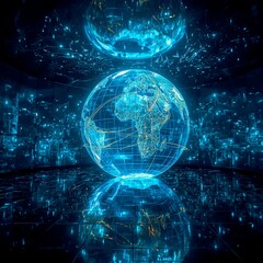 AI powered holographic map projection room displaying global digital infrastructure lines in sharp glowing contrast environment