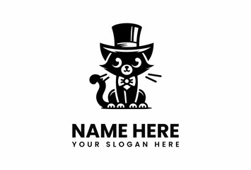 Cartoon Black Cat with Top Hat and Bow Tie Sitting Upright.