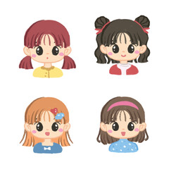 set of cute pretty cartoon girls with crayon drawing style