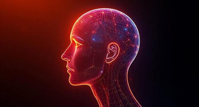 Glowing Neural Network Abstract Human Head Profile with Red Light.