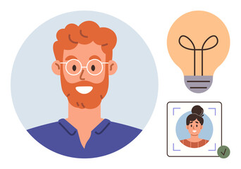 Fototapeta premium Smiling man in glasses, lightbulb representing ideas, verified profile picture in a frame. Ideal for teamwork, brainstorming, creativity, personal branding, social media, online identity simple flat