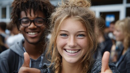Cheerful Students Celebrating Together with Thumbs Up in Classroom