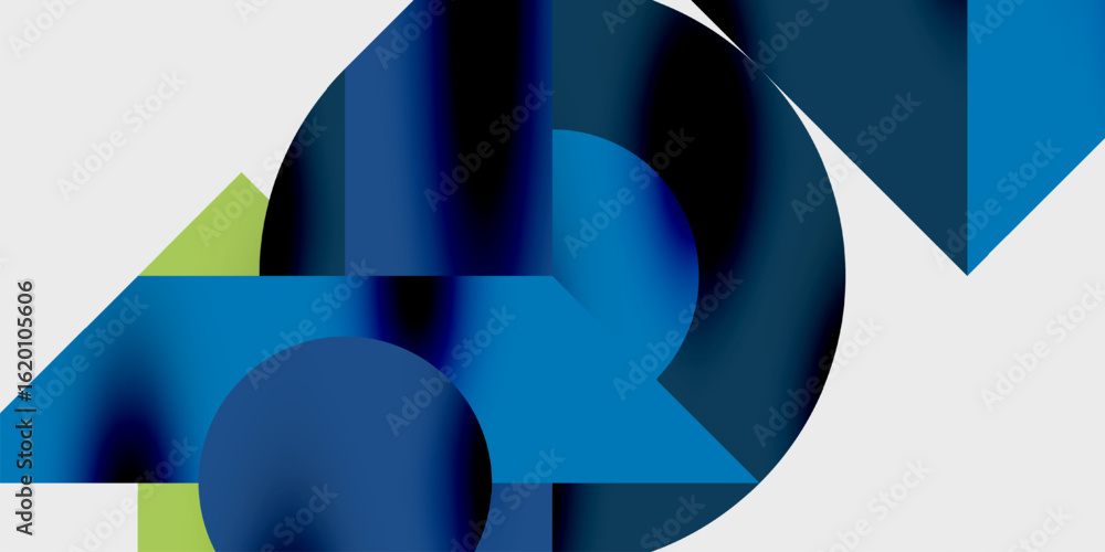 Poster abstract composition featuring overlapping geometric shapes. blues, greens dominate design, creating