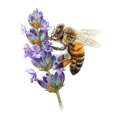 Detailed macro photograph of a honeybee collecting nectar from a vibrant purple lavender flower isolated on transparent background