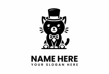 Cartoon Cat with Top Hat and Bow Tie Black Silhouette Elegant Feline.