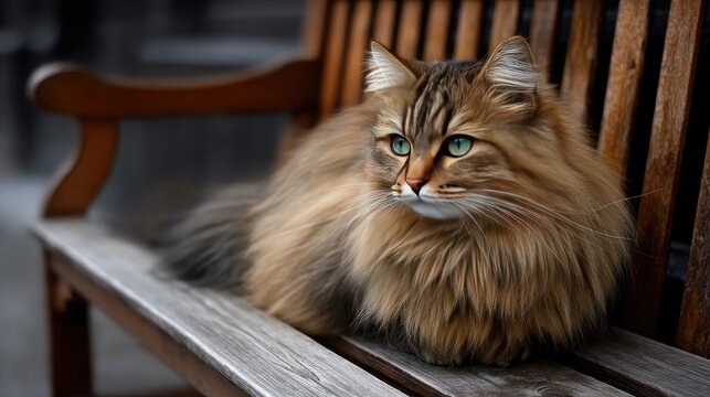Fluffy long-haired cat perched on an old wooden bench in the garden, sunlight filtering through trees and highlighting its beautiful fur