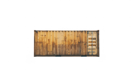 Weathered shipping container displays signs of rust and wear, set against a simple white backdrop