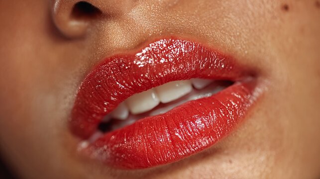 Soft focus on luscious African American lips adorned with striking red lipstick