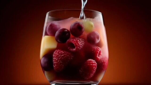 A refreshing glass of homemade fruit compote with fresh berries and slices of fruit, styled against a rich dark red background, highlighting its natural sweetness and vibrant color.

