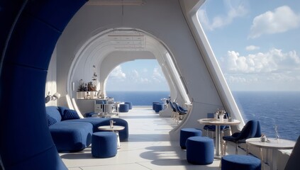 Coastal, futuristic lounge overlooking ocean