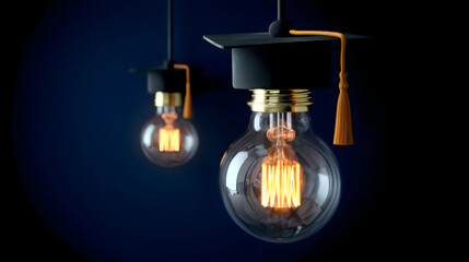 Graduation Cap Light Bulb on Dark Blue Background – Symbol of Education and Academic Inspiration

