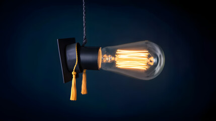 Graduation Cap Light Bulb on Dark Blue Background – Symbol of Education and Academic Inspiration
