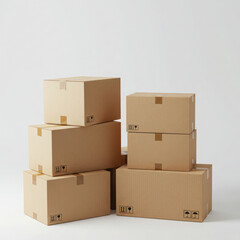 Stacked Cardboard Boxes for Shipping and Storage on White Background
