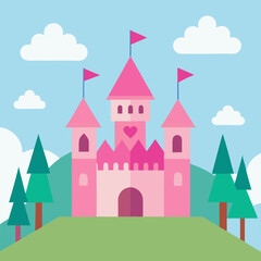 Fairy tale background with princess castle in the forest vector landscape background.