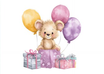 Cute Teddy Bear with Balloons and Gifts in Watercolor Style
