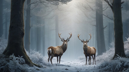 Two Majestic Red Deer Stags in Frosty Winter Forest with Mist and Pine Trees  Photorealistic Wildlife Scene