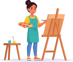 Flat cartoon vector happy young female artist with palette and brush painting on canvas, art class or hobby concept