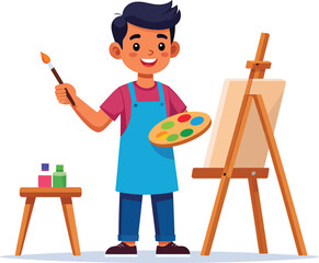 happy young boy artist with palette and brush painting on canvas, art class or hobby concept, simple flat vector illustration