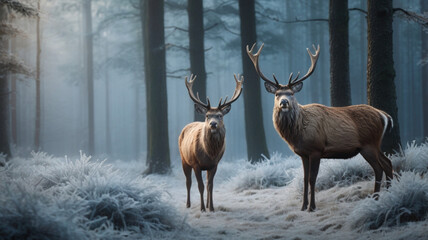 Two Majestic Red Deer Stags in Frosty Winter Forest with Mist and Pine Trees  Photorealistic Wildlife Scene