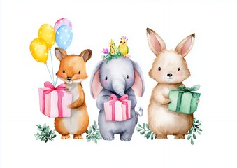 Cute Watercolor Animals with Gifts and Balloons