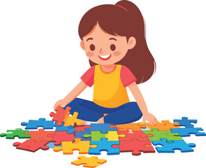 Flat cartoon happy little girl sitting on the floor solving a jigsaw puzzle, early childhood development concept