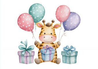 Cute Watercolor Giraffe with Balloons and Gifts