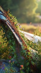 Weathered airplane wing in lush greenery and wildflowers under morning sunlight