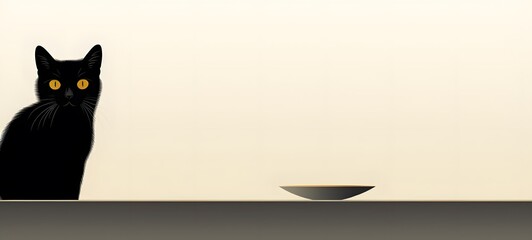 A simple cartoon depicts a black cat looking in a mirror with light in its eyes and a white background , generative AI