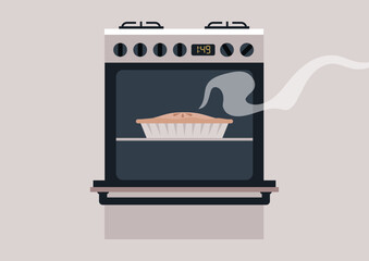 Apple pie bakes in an open oven, releasing fragrant steam that fills the kitchen, The warm tones of the oven create a comforting atmosphere perfect for baking