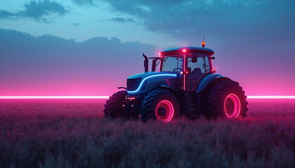 Futuristic tractor with neon blue, pink lights stands in field at dusk. Modern agriculture machinery represents progress, efficiency, automation in farming. Powerful vehicle glows with electric