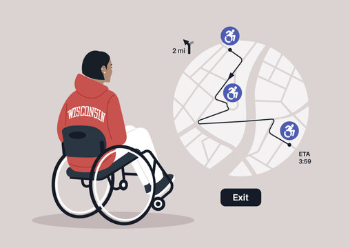 Navigating through a city, a person in a wheelchair studies a detailed map highlighting accessible paths and estimated travel times, ensuring a smooth journey