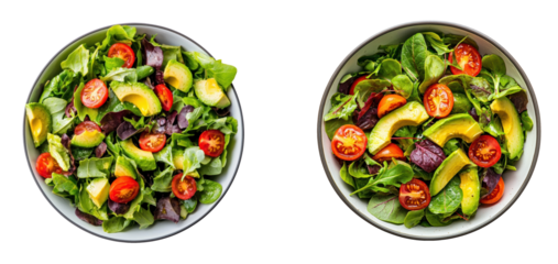 Fresh salad bowls with vibrant greens, cherry tomatoes, avocado slices, and mixed leafy vegetables, offering healthy and colorful meal