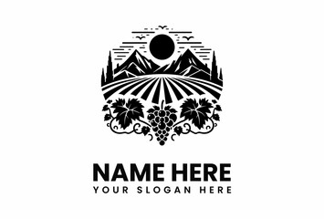 Detailed Black and White Vineyard Logo with Grapes and Mountains.