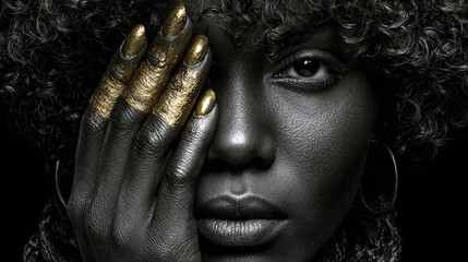 photograph of black woman with her hand covering eye and gold-painted nails on her fingers