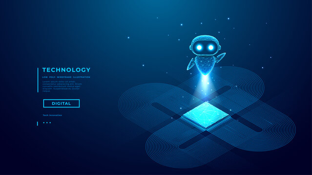 AI agent or robot flies over a brightly glowing abstract processor on a technology blue circuit board background. Digital chatbot character hologram takes off above microcircuit. Vector tech concept.