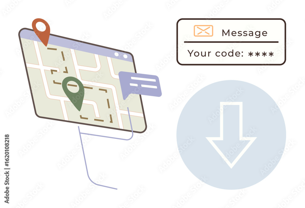 Poster digital map with location pins, chat bubble, and code message interface, alongside download icon. id
